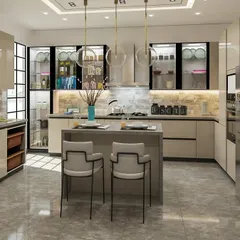 A well-designed modular kitchen that balances sleek aesthetics with high functionality. This design features handleless cabinetry, integrated appliances, and a central island that doubles as a breakfast counter. Glass-fronted overhead cabinets and under-cabinet lighting make the space feel bright and open.