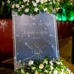 A mystical welcome sign for a Sufi Night. The design features a deep blue, starry background with an illustration of a whirling dervish, creating a soulful and enchanting atmosphere for guests as they arrive.