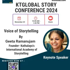 A poster announcing my role as the keynote speaker for the KTGlobal Story Conference, focusing on the "Voice of Storytelling."