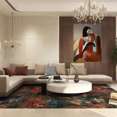 Another view of this modern living space, highlighting the large L-shaped sofa and a vibrant, abstract rug that anchors the room. The fluted wall paneling adds texture, while the statement artwork provides a pop of color and personality.