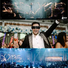 A collage capturing the high-energy performances and guest reactions from a spectacular Sangeet night.