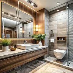 A modern bathroom design that balances warm wood tones with cool grey tiles. It features a floating vanity, a large mirror with integrated backlighting, and a glass-enclosed walk-in shower for a clean and sophisticated look.
