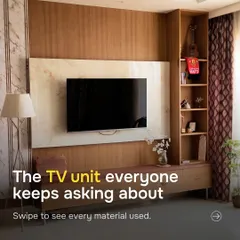 This is the TV unit everyone asks about. It features warm wood tones, a marble-finish backdrop, and built-in shelving with accent lights. This series breaks down every material used to create this stunning focal point.