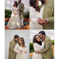 This collage captures the story of an engagement day, from posed portraits to candid embraces. It shows the couple's coordinated outfits and the happy, relaxed atmosphere of their celebration.
