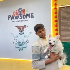 This fluffy white Spitz is all smiles in front of our Pawsome logo. It’s our goal to make every dog feel this happy and relaxed when they are in our care.