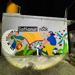 The finished mural for Sathanur Nook, a collaboration with Project Defy. This piece celebrates the spirit of the community, blending themes of music, knowledge, and sustainable energy.