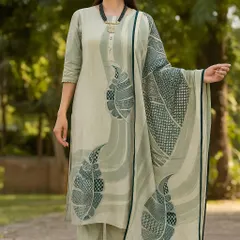 This sage green printed suit is all about subtle elegance. The kurta and matching dupatta feature a modern, stylized leaf print that feels fresh and sophisticated. Paired with simple straight-fit pants, it's a comfortable and chic option for your daily wear.