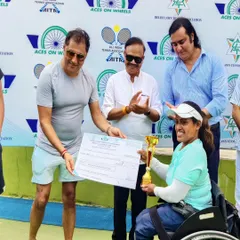 A proud moment as one of our athletes receives the winner's trophy and prize at the DLTA Wheelchair Tennis Tournament in New Delhi. This is a celebration of her hard work, perseverance, and excellence.