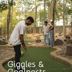 Giggles and goalposts. A group of friends enjoys a friendly game of mini-golf, a perfect casual activity for laughs and lighthearted competition.