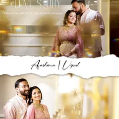 A "Love Story" themed album page from a Roka ceremony, featuring two beautiful couple portraits.