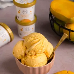Getting the perfect scoop of mango ice cream for Sweet Truth's summer campaign required patience, but the result was this creamy, inviting shot.