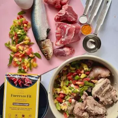 Here are the raw, human-grade ingredients for my Lambilicious Delight meal. It features real lamb meat, fish for omega fatty acids, fresh vegetables, and an egg, all perfectly portioned for a balanced diet.