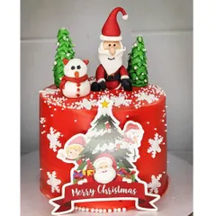 A very merry Christmas cake! This tall mixed fruit cake is decorated in festive red, with a handmade fondant Santa, snowman, and Christmas trees.