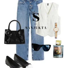 Here, I've styled a pinstripe waistcoat with comfortable blue jeans and elegant two-toned flats. This lookbook example shows how to create a sophisticated yet relaxed outfit perfect for a smart-casual setting.