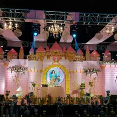A fairytale come true with this grand princess castle stage we designed for a third birthday party. This large-scale themed decoration includes custom lighting, intricate castle details, and a full stage setup, showing our ability to handle big, imaginative projects.