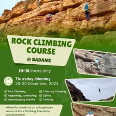 Join our winter rock climbing course in Badami for an unforgettable adventure. This 5-day camp for ages 10-16 covers climbing, rappelling, ziplining, and more.