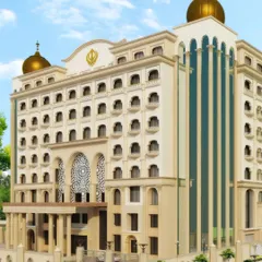 The facade of Gurudwara Anandpur Sahib, where we introduced modern elements like large glass panels alongside traditional golden domes. This project demonstrates our ability to reinterpret sacred architecture for a contemporary context while preserving its devotional essence.