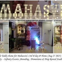 A simple teddy bear theme for Mahasvin's 3rd birthday at home. The decor includes a character backdrop, a brown and cream balloon garland, and large light-up letters, perfect for a cozy celebration.