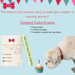 My Instant Cake Premix is the easiest way to bake a healthy dessert for your dog. This graphic highlights the key features: it's easy to make, contains no sugar, and is available in both veg and non-veg recipes.