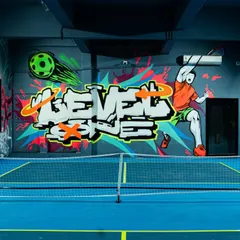A detailed shot of the "Level One" logo I designed and painted on the court. The piece features a character playing pickleball, with explosive colors that pop under both normal and UV light.