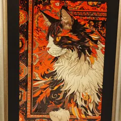 Another masterpiece of carpet art, this piece captures the regal beauty of a feline with intricate, flowing patterns that mimic a rich tapestry.