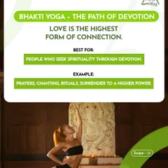 This image explores Bhakti Yoga, the path of devotion. This path is for those who seek spirituality through love, prayer, and chanting. It teaches that love is the highest form of connection, offering a different way to experience the self.