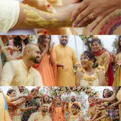 A collage that tells the story of a Haldi ceremony: the application of turmeric paste, the couple's reactions, and the grand finale of a flower petal shower. Every moment is packed with emotion.