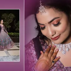 A photo album layout for an engagement, featuring a full-length shot of the bride-to-be in her gown and a close-up of her jewelry and makeup.