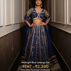 A stunning midnight blue lehenga set with intricate gota and sequin work. An incredibly stylish look for only ₹2,200 to rent.