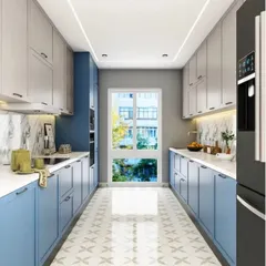 This parallel kitchen uses a calming blue and white color scheme. The patterned floor tiles add personality, and the large window at the end brings in plenty of natural light.