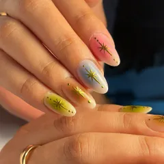 Another angle of my fav aura nails, showing off the delicate gold starbursts and tiny gold dots that I added for a celestial touch.