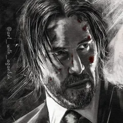 A black and white portrait of John Wick, played by Keanu Reeves. For this piece, I used a more painterly digital style to capture the dark, neo-noir feel of the movie, focusing on the dramatic lighting and gritty atmosphere.
