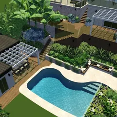 This is a 3D design I created for a client's farmhouse, showing how I plan large-scale projects. The design visualizes a multi-level garden with a poolside deck, a shaded dining area under a pergola, and carefully placed greenery to create a luxurious resort feel.