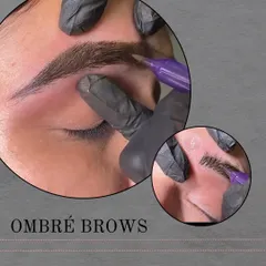 This is a close-up of my Ombré Brows technique. It creates a soft, powdered makeup look that’s lighter at the front and gradually gets darker towards the tail. It's a great option for a defined brow that still looks soft and not harsh.