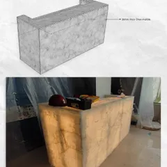 The final stage of our custom illuminated onyx bar. The 20mm thick onyx marble panels are installed, and the internal LED lights bring the stone to life, creating a stunning, glowing centerpiece.