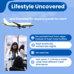 In our consultation, I learned my patient traveled constantly, ate packed food, slept erratically, and used different hotel shampoos. These small lifestyle factors were adding up and contributing significantly to her hair fall.