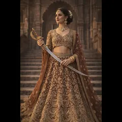 A powerful and unique bridal portrait. The bride holds a sword, adding a touch of warrior queen grace to the traditional elegance of the heavily embroidered lehenga.