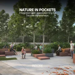 A render for the 'Nature in Pockets' project in Indore, showing integrated seating and planters that create intimate social spaces within a larger park network.