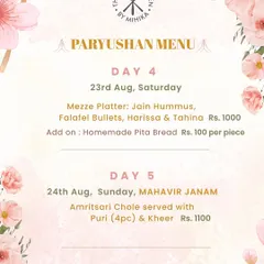 The menu for Day 4 and 5, including a Jain Mezze Platter and Amritsari Chole for Mahavir Janam.