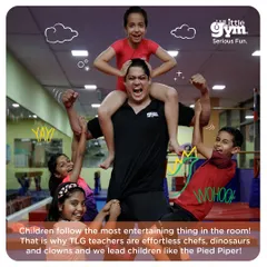 Our instructors are experts at being the most entertaining thing in the room. Here, an instructor playfully engages with a group of kids, leading them through fun exercises that feel more like a game.