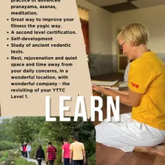This graphic highlights the 'Learn' aspect of our ATTC, covering self-development, study of Vedic texts, and rejuvenation in a beautiful location.