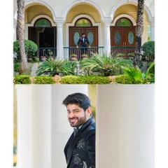 A collage of the groom's portraits, showcasing his stylish embroidered tuxedo from different angles against the elegant architecture of the venue.