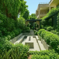 A sunken fire pit and seating area in Jaipur, surrounded by dense, multi-layered greenery. This design creates an intimate gathering spot that feels completely enveloped by nature.