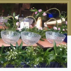 Our attention to detail is evident in this shot of crystal-clear serving bowls set amidst fresh flowers and greenery, creating a refreshing and elegant look for a salad or dessert bar.