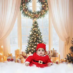 A beautiful, wide shot of our Christmas set, featuring a baby Santa surrounded by twinkling lights, Christmas trees, and presents.