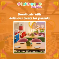 A look inside our small café, which offers delicious treats for parents. The colorful and kid-friendly seating makes it a cheerful spot for everyone.