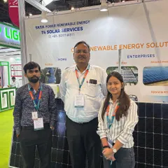 Our team proudly standing by our display at the Pragati Maidan expo. We are always ready to discuss how we can help meet the nation's solar energy requirements.