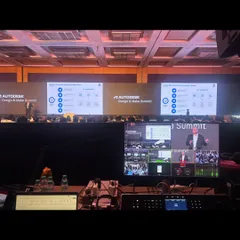 Our view from the console at the Autodesk Design & Make Summit. We managed the complex technical setup, including multi-camera feeds and presentation content, to ensure a seamless flow for both the live and virtual audiences.