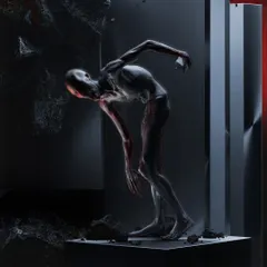 An abstract horror piece titled 'VOID'. I created this to represent a figure being consumed or born from a void, using a minimalist color palette and crumbling geometry to convey a sense of existential dread.