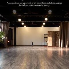 Here you can see the studio as a spacious and versatile blank canvas. With its clean wooden floors and professional lighting, it can be configured for anything from dynamic movement classes to formal talks with chair seating. The space includes two restrooms and a pantry for your convenience.